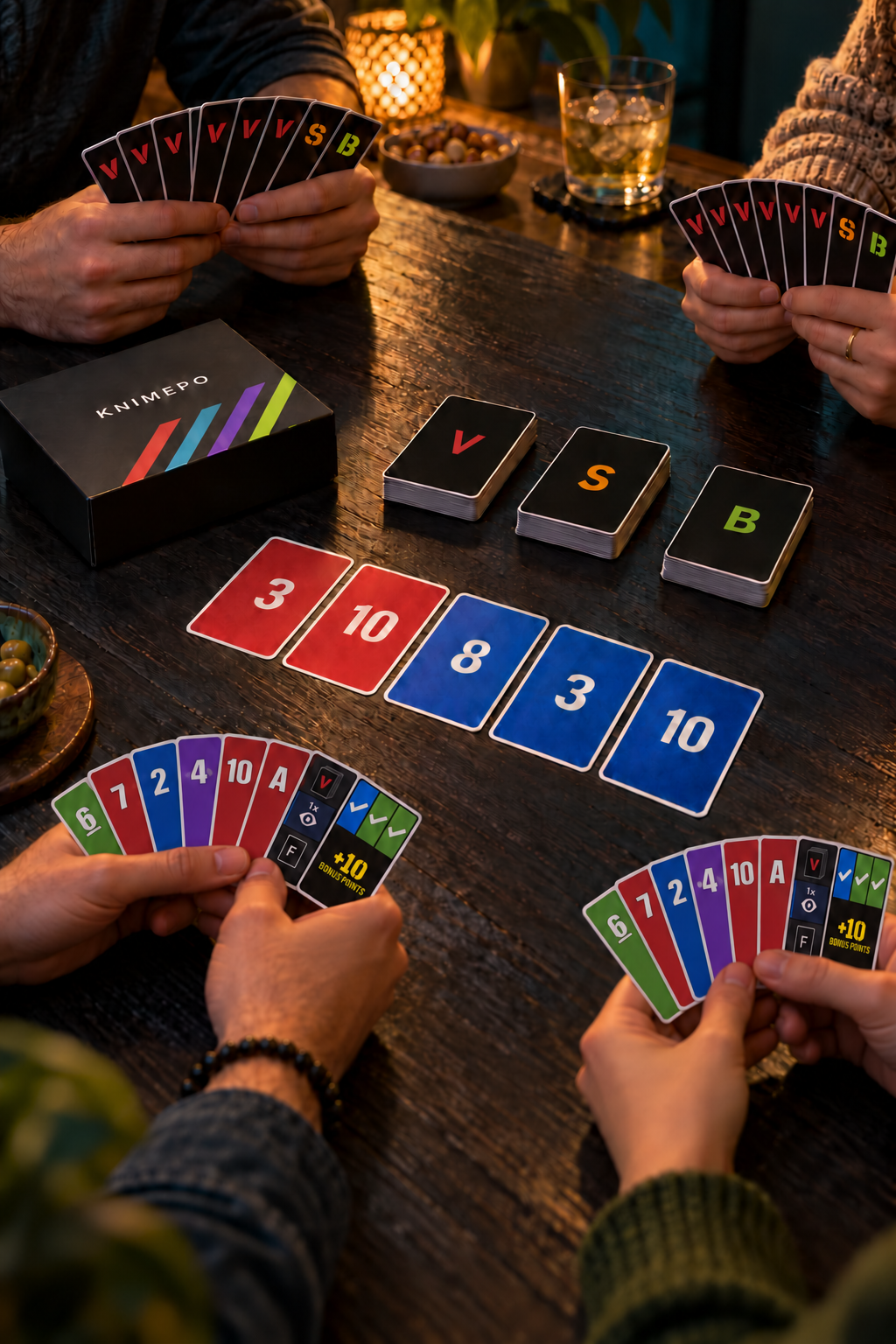 A KNIMEPO game night at home with physical cards around the table.